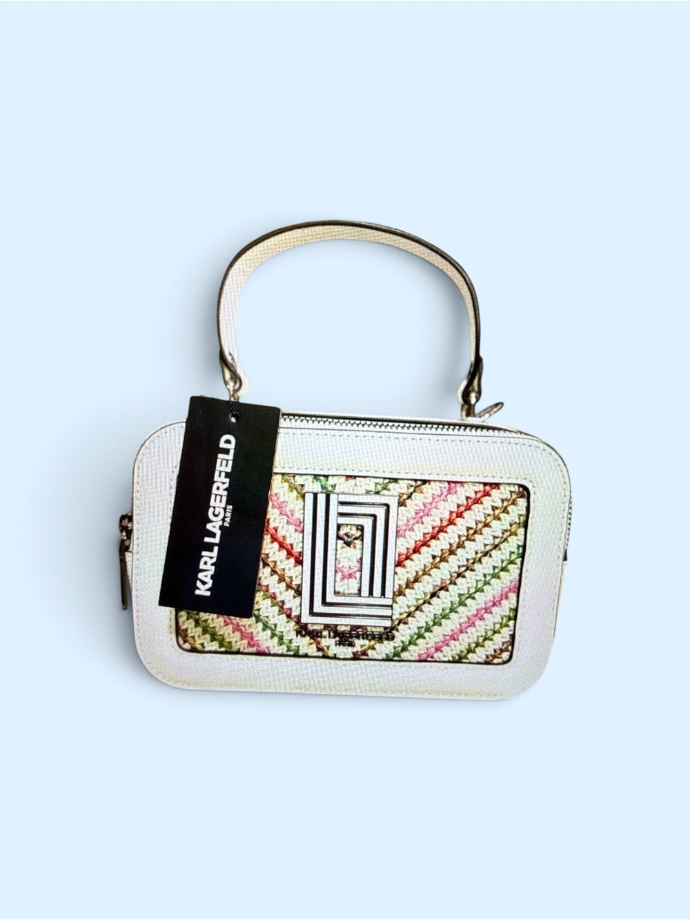 Karl Lagerfeld White Mini Top-Handle Bag with Multicolor Woven Panel